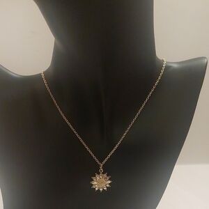 NIB, Gold Tone Rhinstones Sun Pendant With Necklace 17' L Adjustable Length